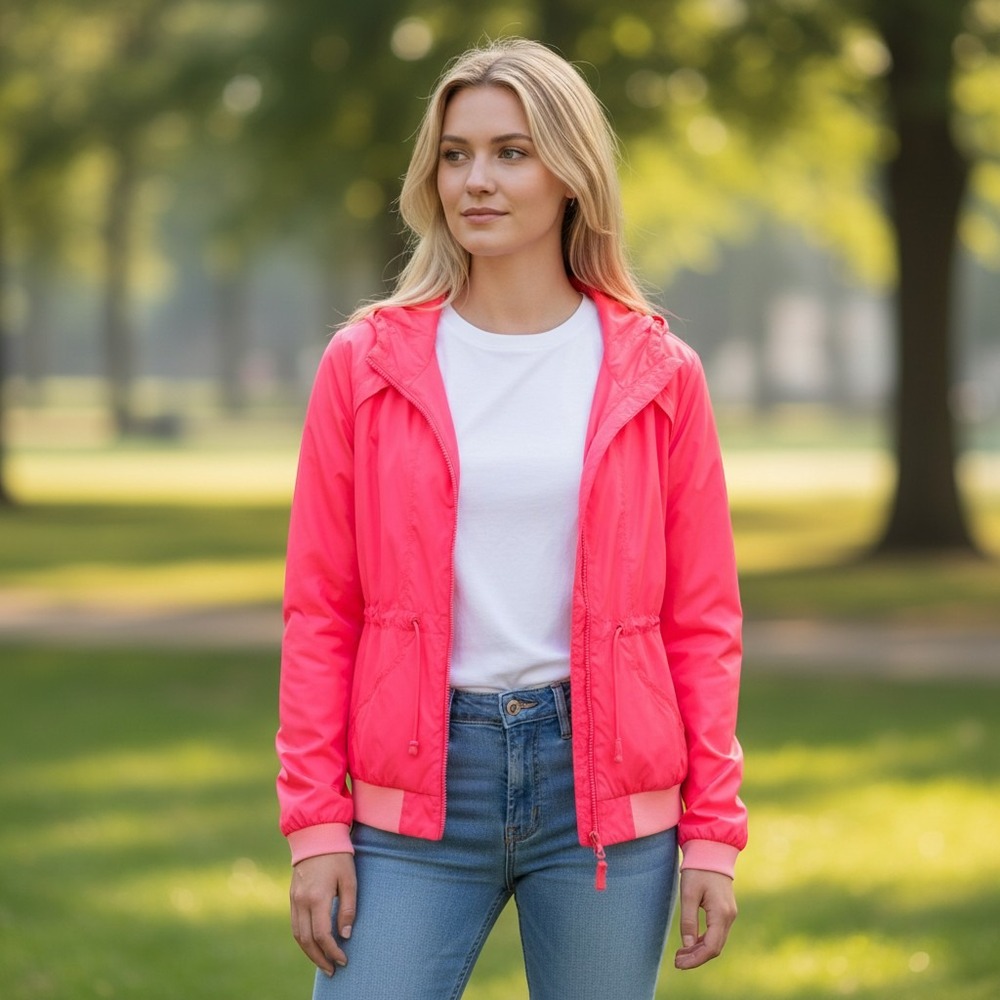 AEO American Eagle Outfitters Bright Orange Windbreaker Hooded Jacket Womens L